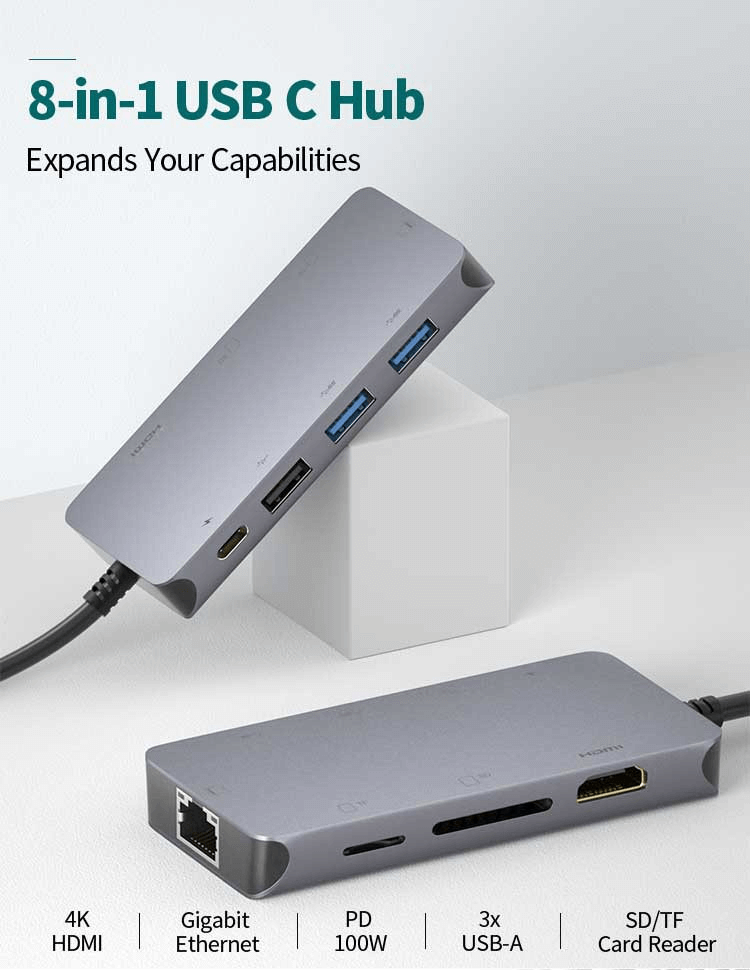 8-in-1 USB-C Hub 0307 with 4K HDMI, Ethernet, 100W PD, SD/TF