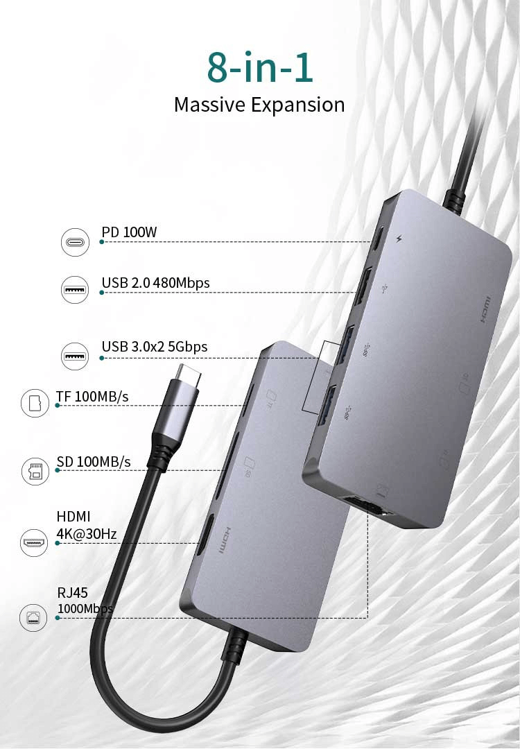 8-in-1 USB-C Hub 0307 with 4K HDMI, Ethernet, 100W PD, SD/TF