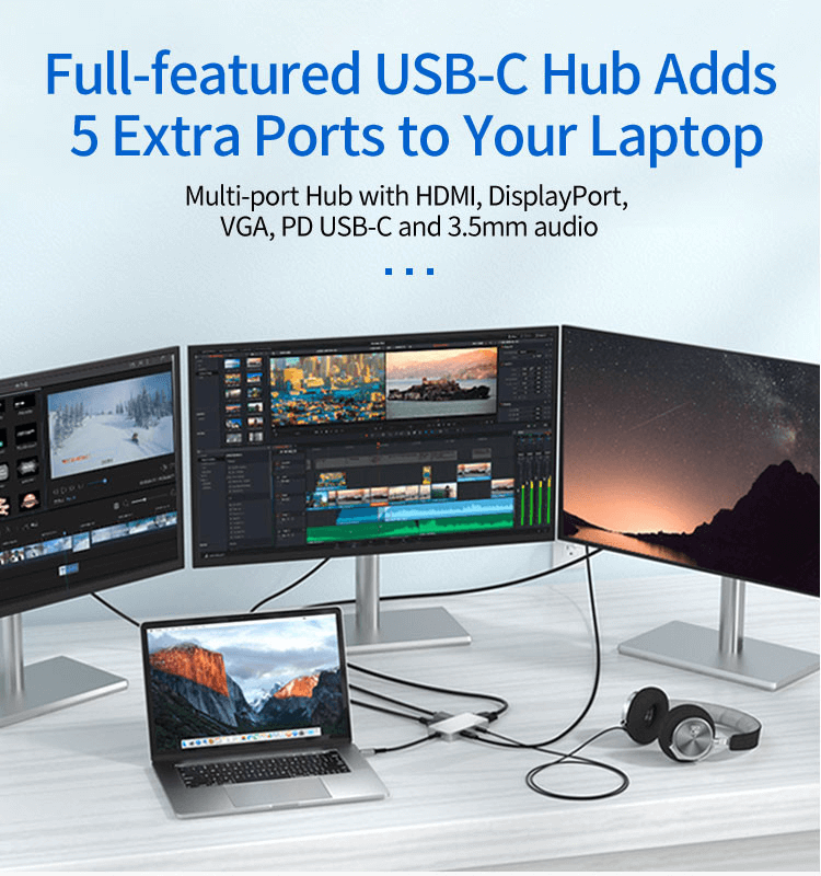 5-in-1 USB-C Hub 0101 with HDMI, DP, VGA, 100W PD, Audio Port
