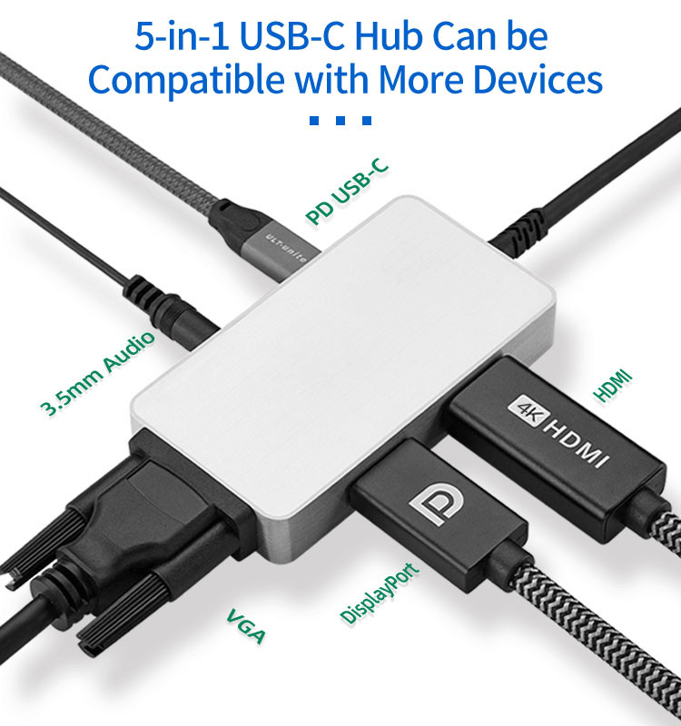 5-in-1 USB-C Hub 0101 with HDMI, DP, VGA, 100W PD, Audio Port