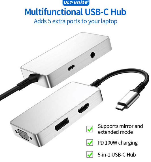 5-in-1 USB-C Hub 0101 with HDMI, DP, VGA, 100W PD, Audio Port