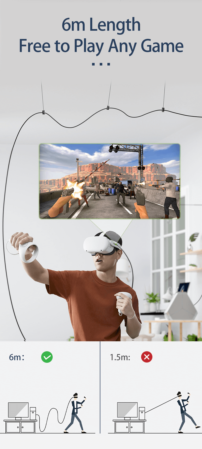 USB-C VR Cable 6m, 5Gbps Speed, 3A PD, Low Latency